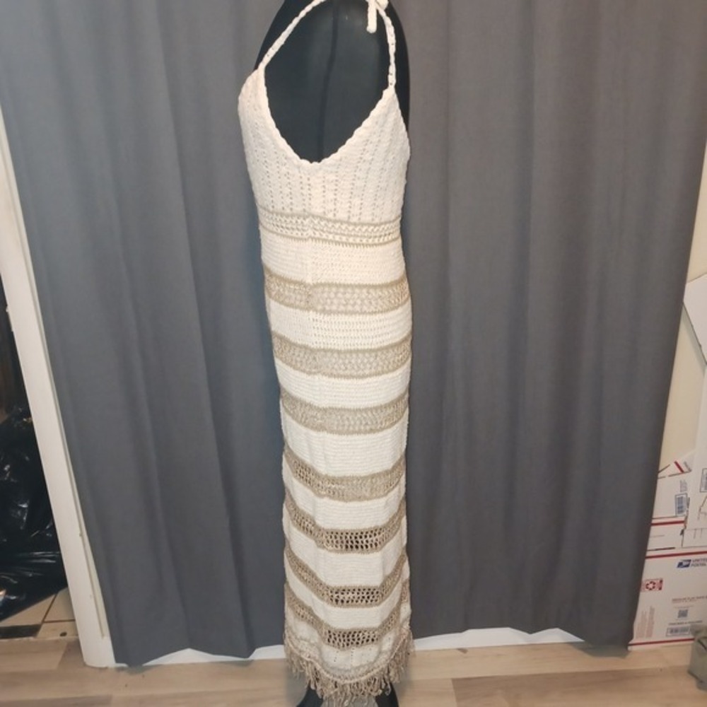 Viviane Furrier Boho Crochet Knit Maxi Dress‎ Metallic Striped Fringed Hem 10 - Picture 7 of 12